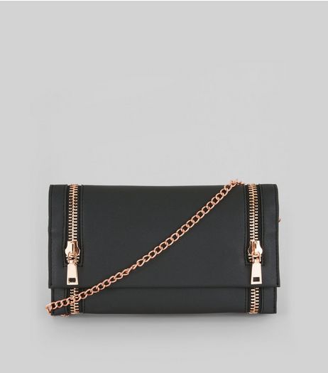 Black Double Zip Foldover Clutch | New Look