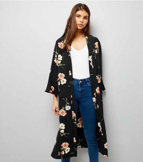 Black Floral Print Frill Sleeve Trim Kimono | New Look
