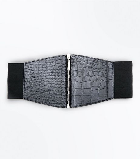 Black Croc Zip Up Waist Belt | New Look