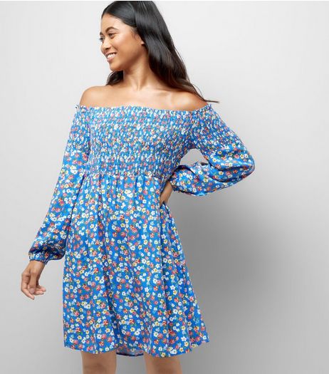 Petite Blue Floral Shirred Bardot Dress | New Look