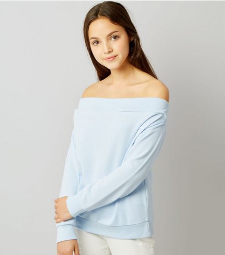 Teens Pale Blue Bardot Sweater | New Look