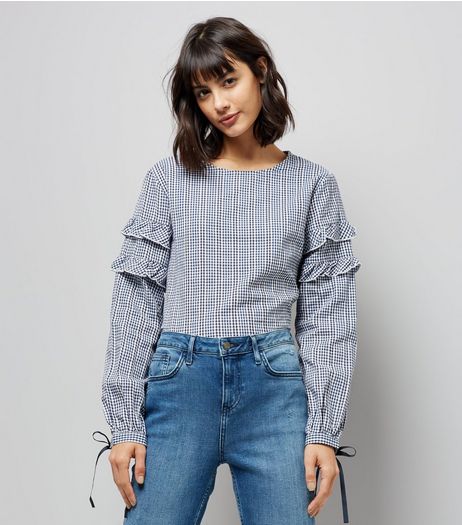 Blue Vanilla Navy Gingham Frill Sleeve Smock Top | New Look