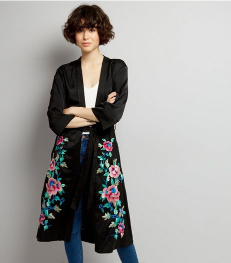 Black Satin Floral Embroidered Kimono | New Look