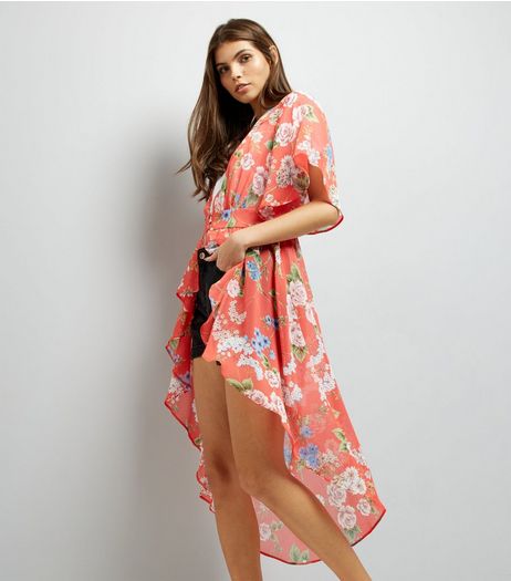Red Floral Print Dip Hem Kimono | New Look