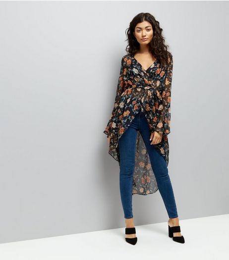 Black Floral Print Flared Sleeve Cover Up | New Look