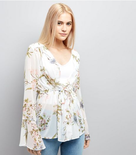 White Floral Chiffon Tie Front Blouse | New Look