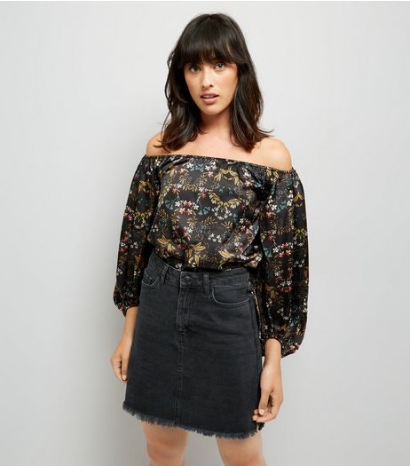 Blue Vanilla Black Satin Floral Print Bardot Neck Bodysuit | New Look