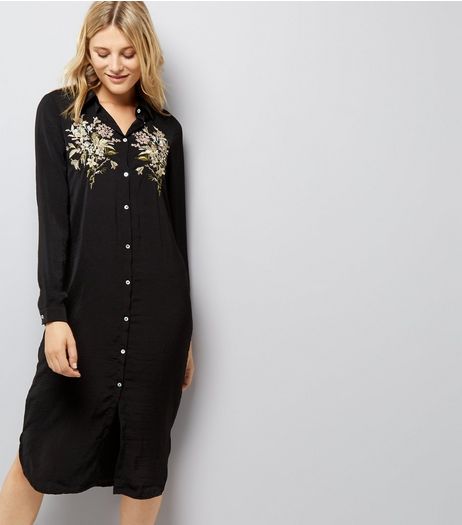 Blue Vanilla Black Floral Embroidered Satin Shirt Dress | New Look