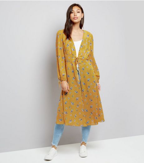 Yellow Floral Print Lace Up Front Kimono | New Look