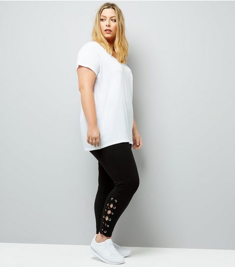 Curves Black Lace Up Hem Leggings | New Look