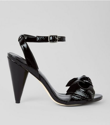 Black Patent Bow Cone Heeled Sandals | New Look