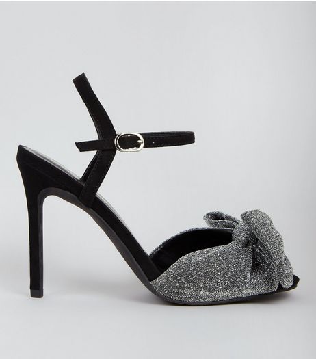 Silver Glitter Bow Ankle Strap Sandals | New Look