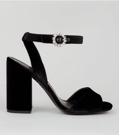 Black Sparkly Buckle Heeled Sandals | New Look