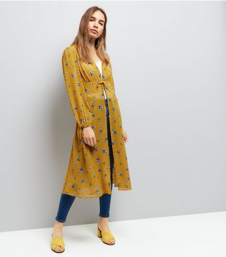 Yellow Floral Print Tie Waist Kimono | New Look