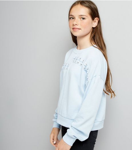 Teens Pale Blue Spliced Lace Up Sweater | New Look