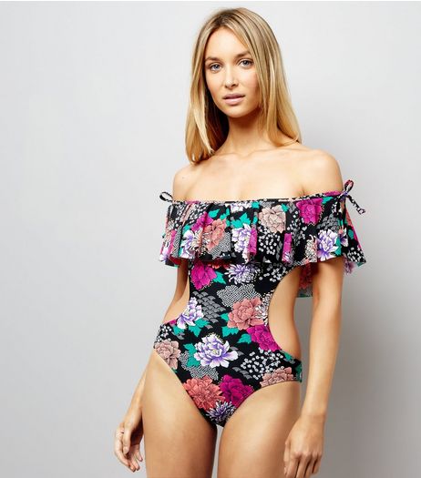 Black Floral Print Cut Out Swimsuit | New Look