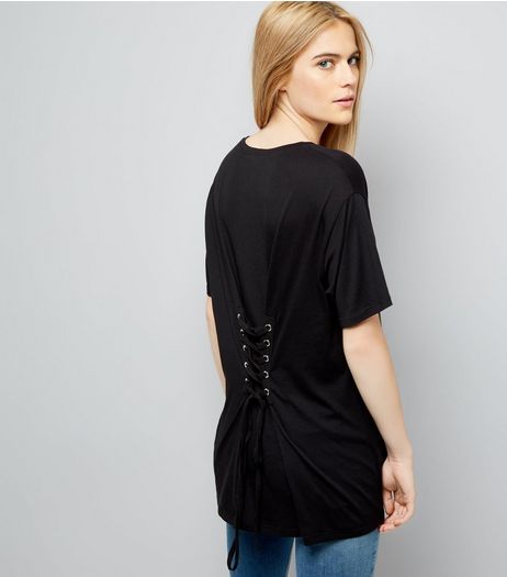 Black Corset Back Longline T-Shirt | New Look