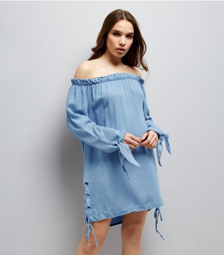Cameo Rose Blue Denim Eyelet Trim Bardot Dress | New Look