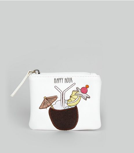 White Happy Hour Embroidered Zip Top Purse | New Look
