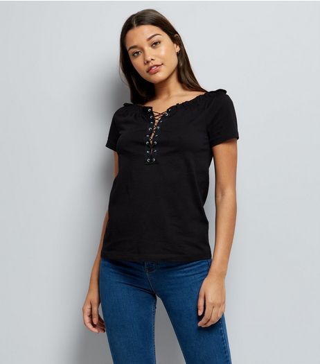Black Lace Up Bardot Neck T-Shirt | New Look