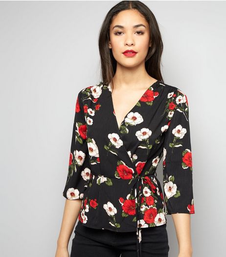 Cameo Rose Black Floral Print Wrap Front Top | New Look