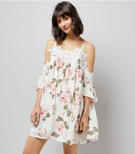 Tall White Floral Print Crochet Trim Dress | New Look