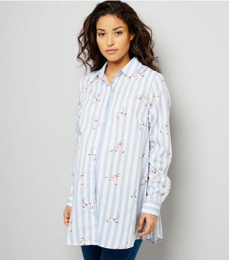 Maternity Blue Stripe Flamingo Print Shirt | New Look
