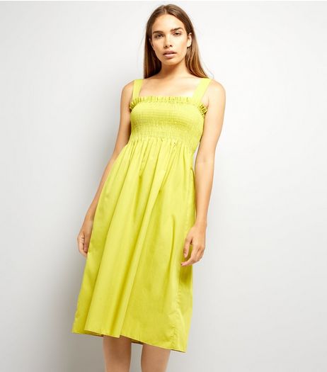 Yellow Shirred Smock Midi Dress | New Look