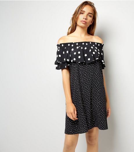 Black Spot Print Frill Trim Bardot Neck Dress | New Look