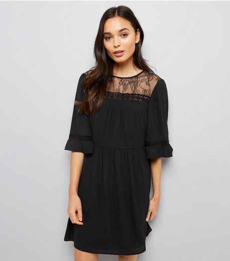 Black Lace Neck Smock Dress | New Look