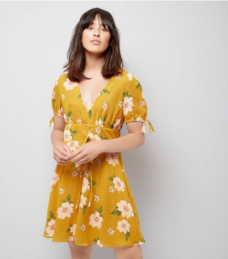 Yellow Floral Spot Print V Neck Dress | New Look