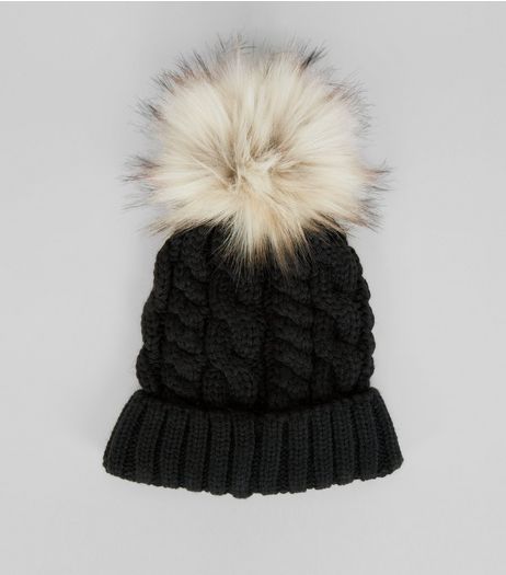 Black Faux Fur Pom Pom Cable Bobble Hat | New Look