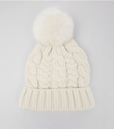 White Faux Fur Pom Pom Cable Bobble Hat | New Look