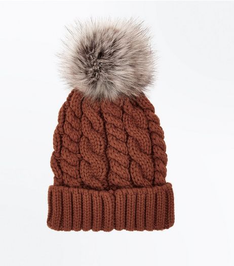 Orange Faux Fur Pom Pom Beanie Hat | New Look