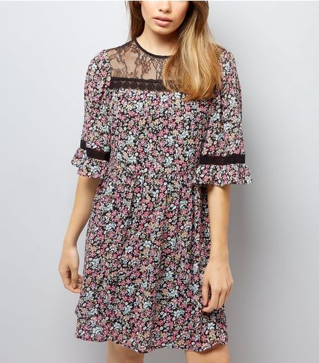 Black Floral Print Lace Neck Smock Dress | New Look