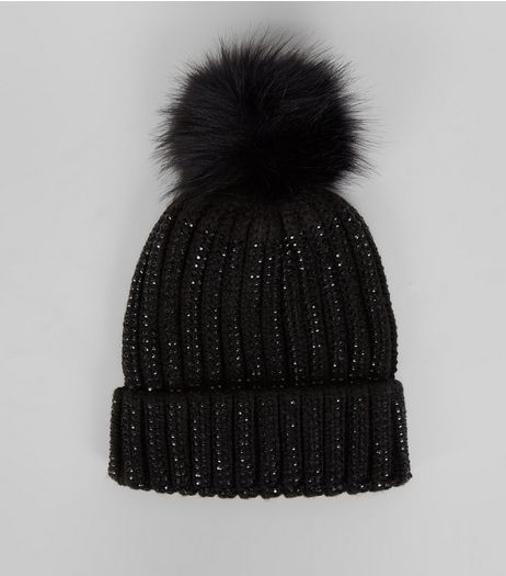 Black Diamante Embellished Bobble Hat | New Look