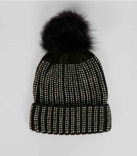Black Contrast Diamante Embellished Bobble Hat | New Look