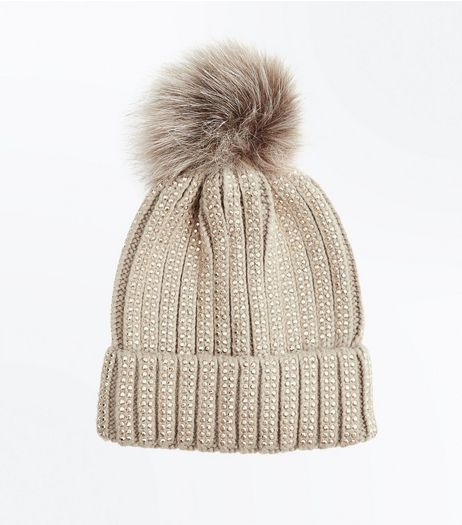 Mink Diamante Embellished Bobble Hat | New Look