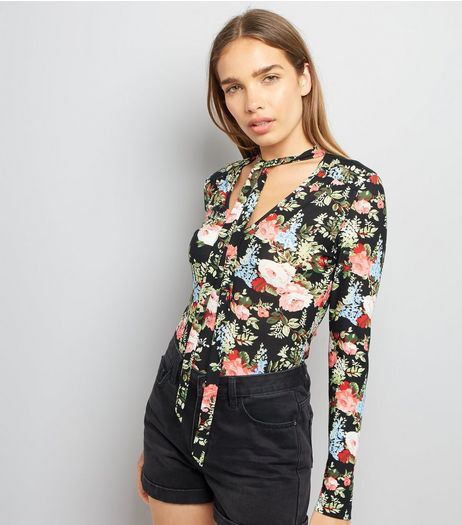 Pink Vanilla Black Floral Print Neck Tie Bodysuit | New Look
