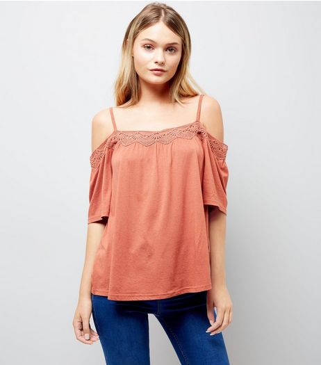 Light Brown Crochet Trim Cold Shoulder Top | New Look