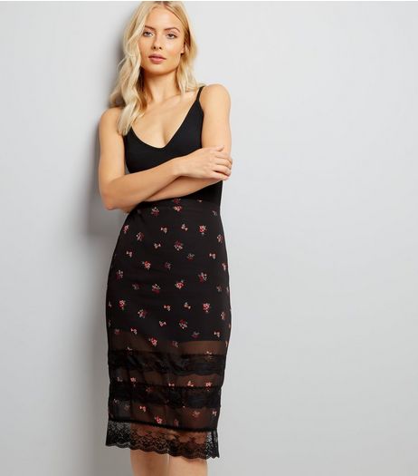Black Floral Print Lace Trim Chiffon Midi Skirt | New Look