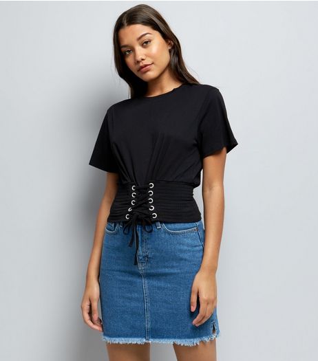 Black Shirred Corset Waist T-Shirt | New Look