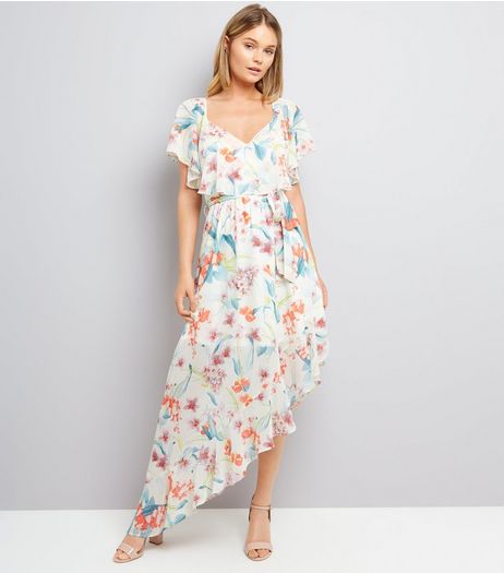 White Floral Print Asymmetric Frill Hem Dress | New Look