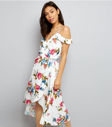 White Floral Print Cold Shoulder Midi Dress | New Look
