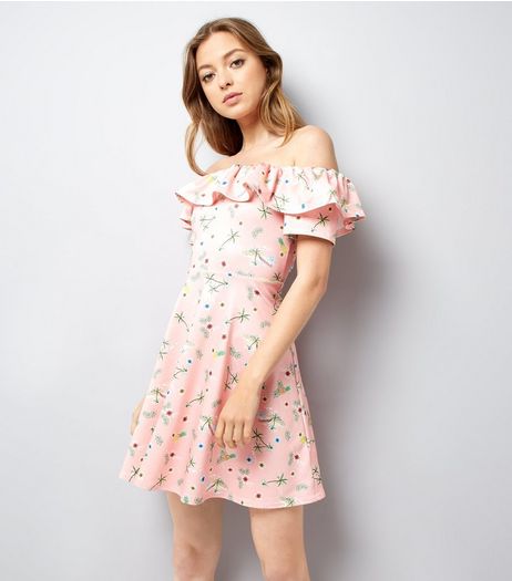 Pink Tropical Print Bardot Skater Dress | New Look