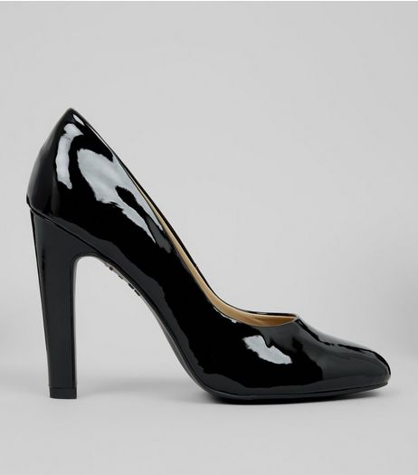 Black Patent Block Heel Court Shoes | New Look