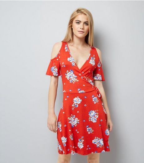 Red Floral Print Wrap Front Cold Shoulder Dress | New Look