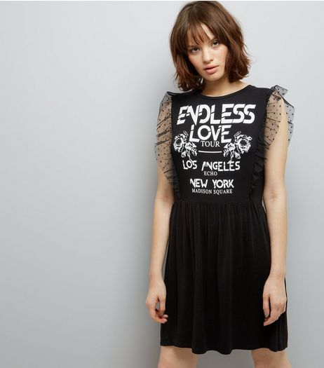 Black Lace Trim Rock Band Print T-Shirt Dress | New Look