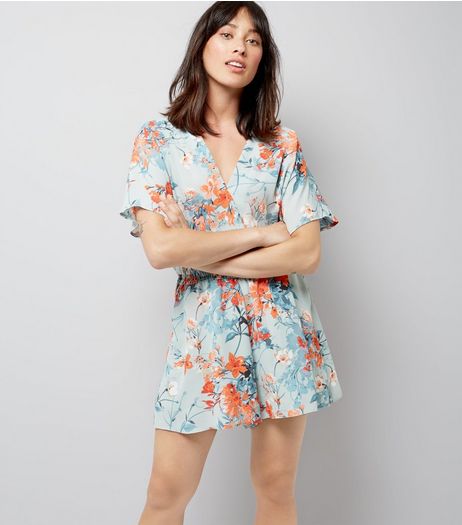 Green Sateen Floral Print Playsuit | New Look