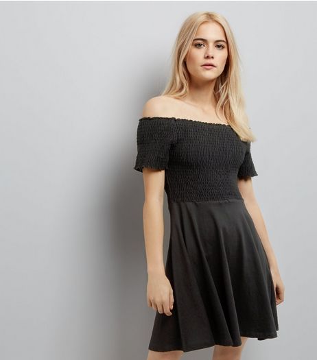 Black Shirred Bardot Neck Skater Dress | New Look